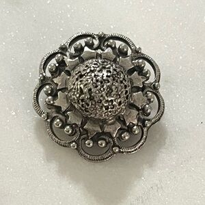 Vintage Silver Tone Oxidized Round Geometric Pin Brooch